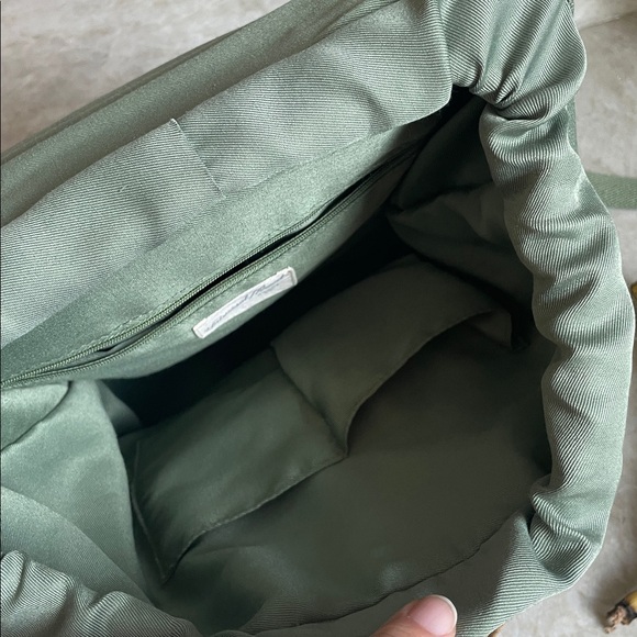 Canvas Green and Tan Leather Drawstring Backpack Purse - Picture 6 of 6